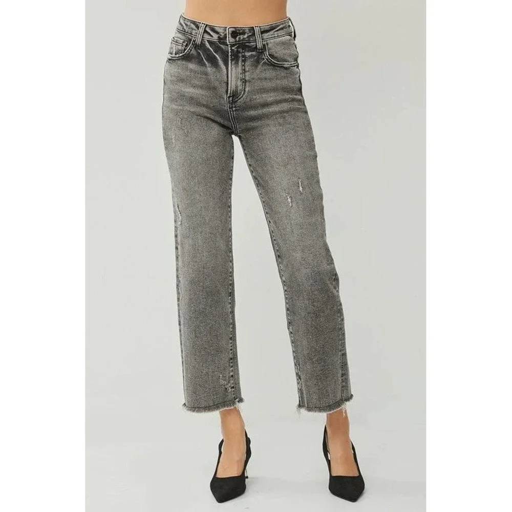 Risen‎ Jeans Straight Leg Women 7/28 Black Acid Wash High Rise Frayed Hem Edgy